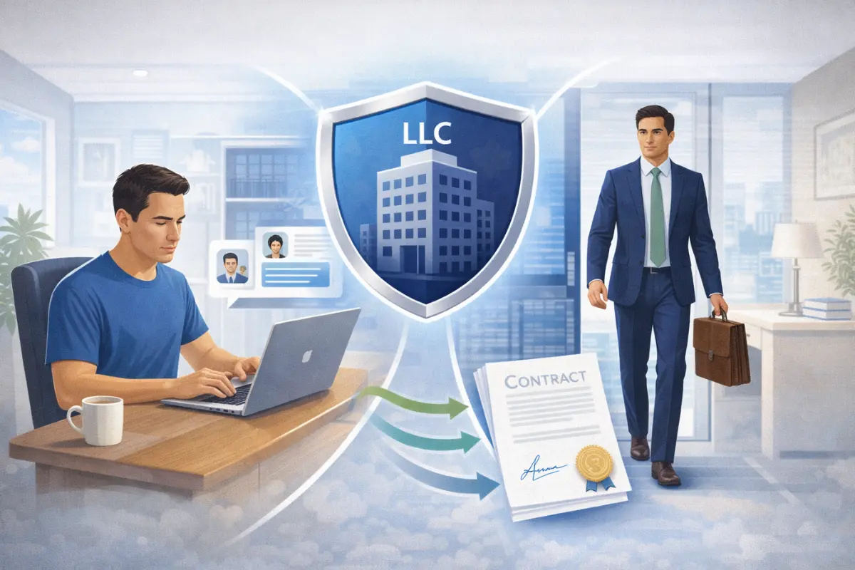 Freelancer transitioning to LLC legal firewall showing contract protection and business structure transformation for independent contractor liability protection