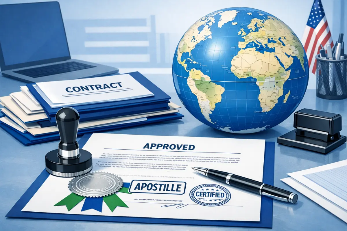 Approved apostille certified document with official seal for international contracts showing apostille authentication process for corporations and LLCs doing foreign business