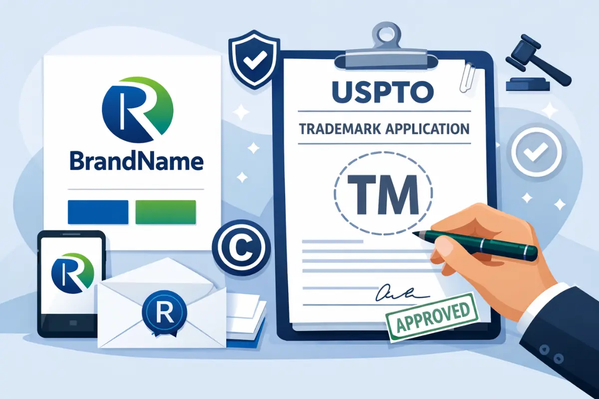 USPTO trademark application process showing approved brand name registration with trademark symbol, registered mark, and federal trademark protection documents