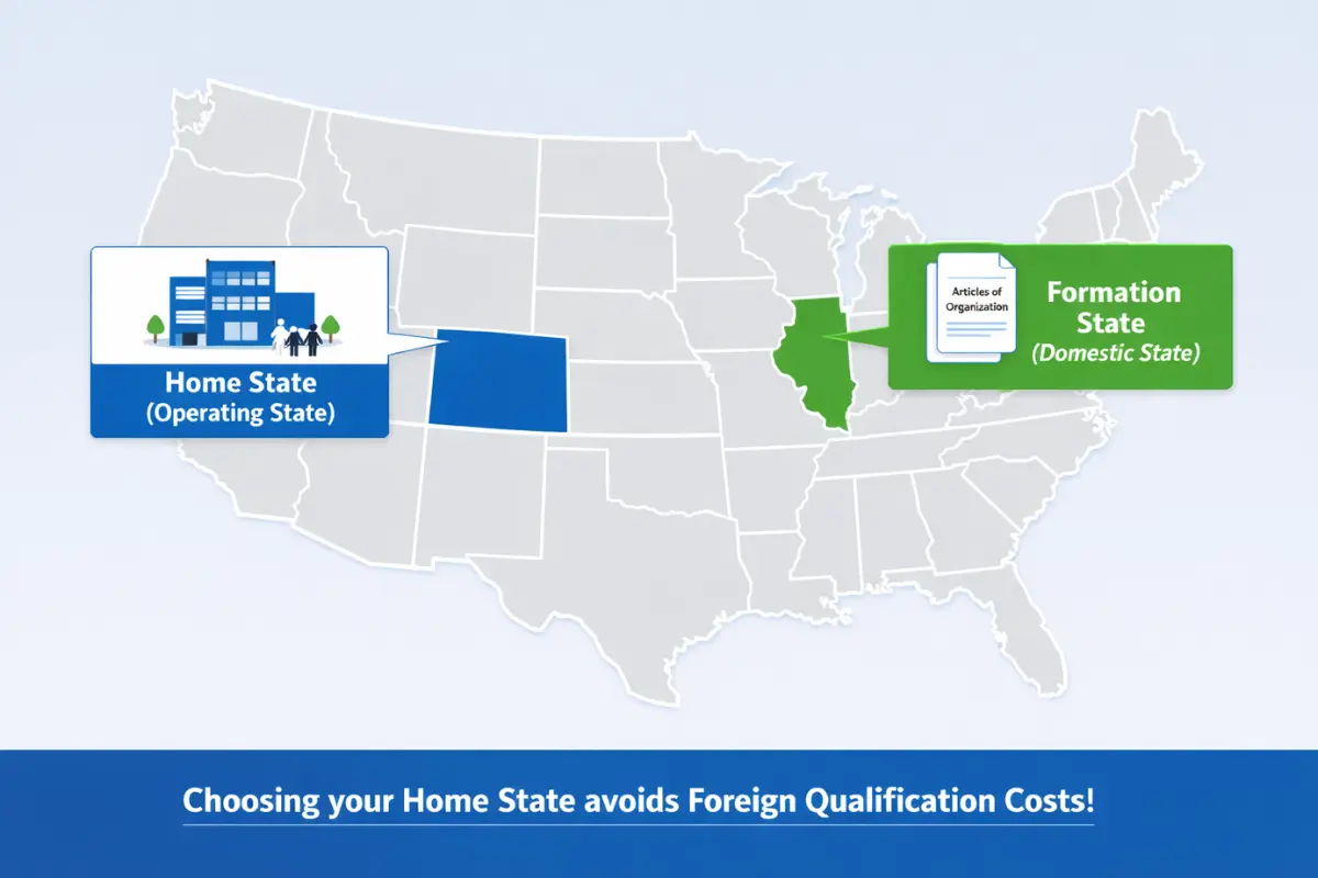 Home state vs formation state map showing how to avoid foreign qualification LLC trap and consequences of forming an LLC out of state with domestic and operating state designation.