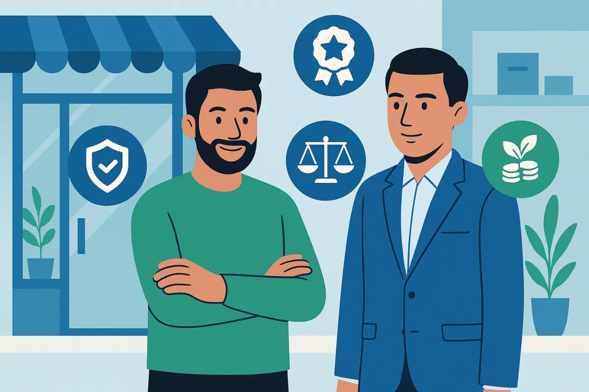 Small business owner and compliance professional discussing outsourcing compliance services for regulatory protection and growth