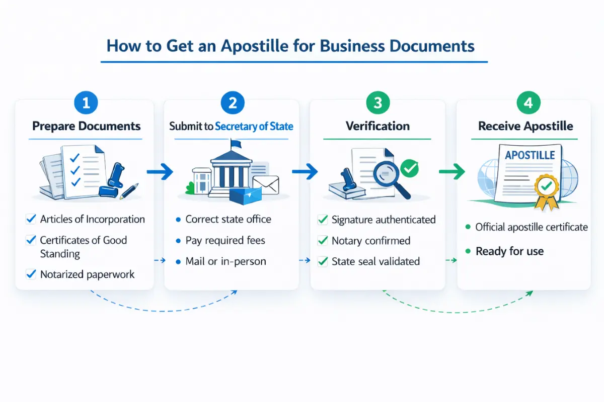 Step-by-step infographic showing how to get an apostille for business documents including articles of incorporation and certificates of good standing submitted to the secretary of state for authentication