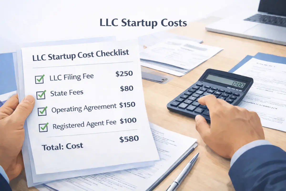 LLC startup cost checklist showing total cost to form an LLC including filing fee, state fees, operating agreement, and registered agent fee calculated on a desk with a calculator