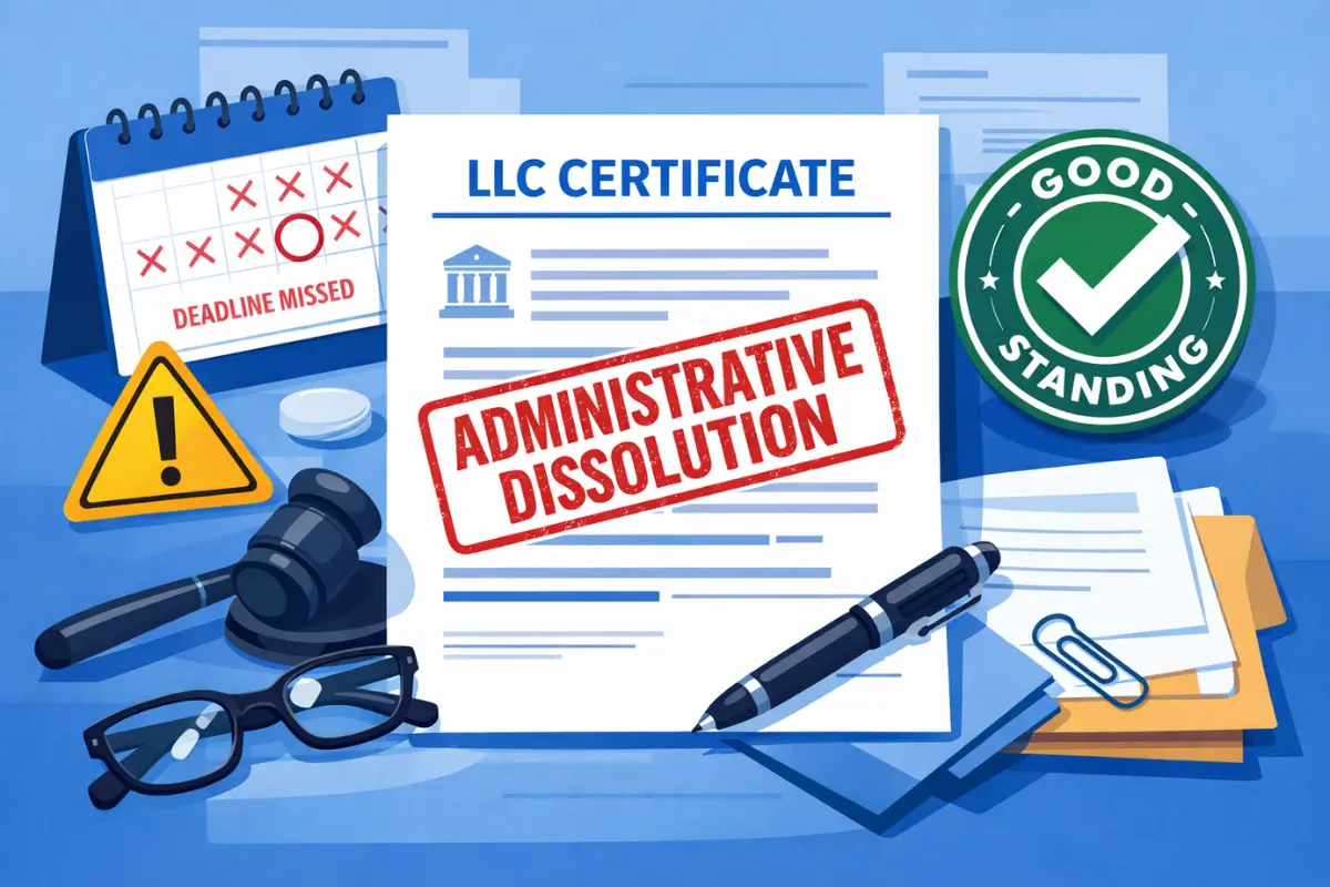 Administrative dissolution certificate showing consequences of administrative dissolution for LLC including deadline missed warning and failure to file annual report consequences.