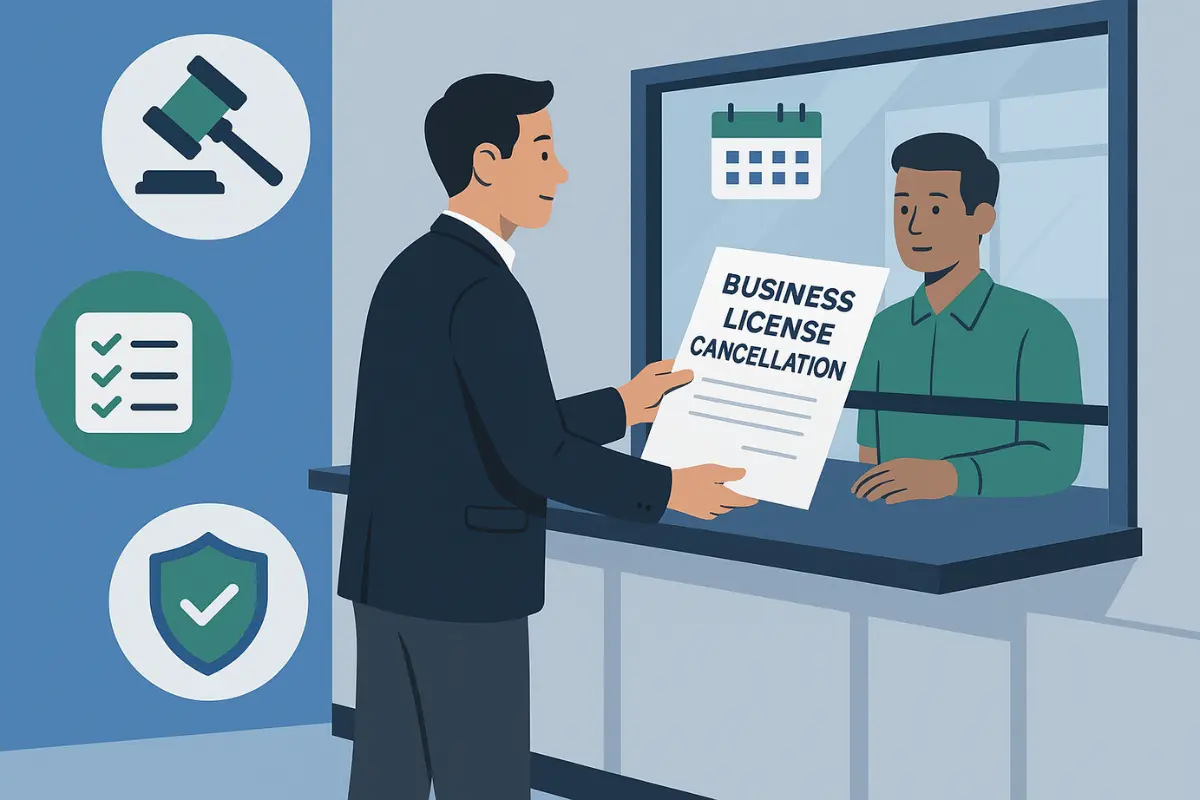 Business owner submitting business license cancellation form at government office to close business legally.