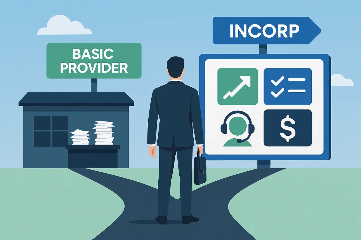 Business owner choosing between basic formation provider and InCorp's scalable business growth support services.