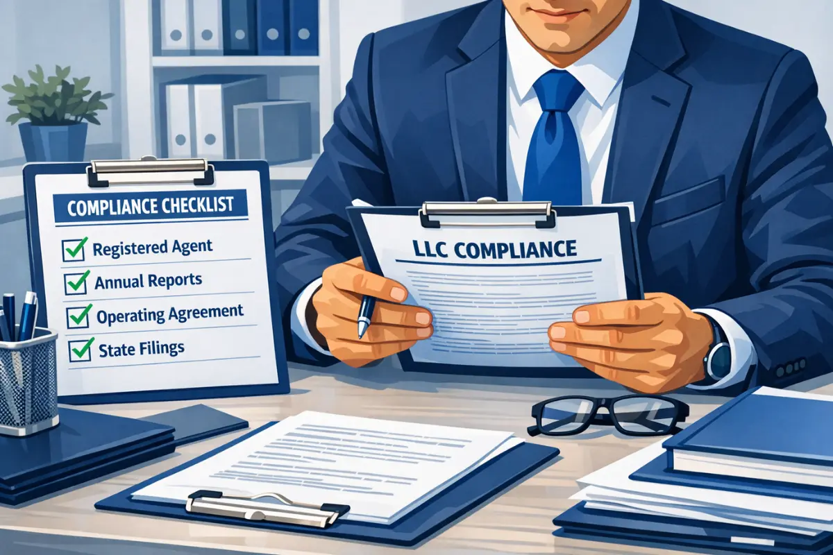 Professional registered agent reviewing LLC compliance services checklist covering registered agent requirements, annual reports, operating agreement, and state filings