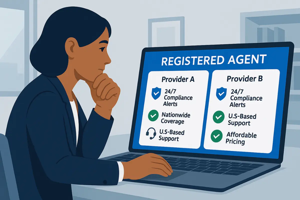 Business owner comparing registered agent providers online showing key factors like nationwide coverage compliance alerts and customer support when choosing registered agent.