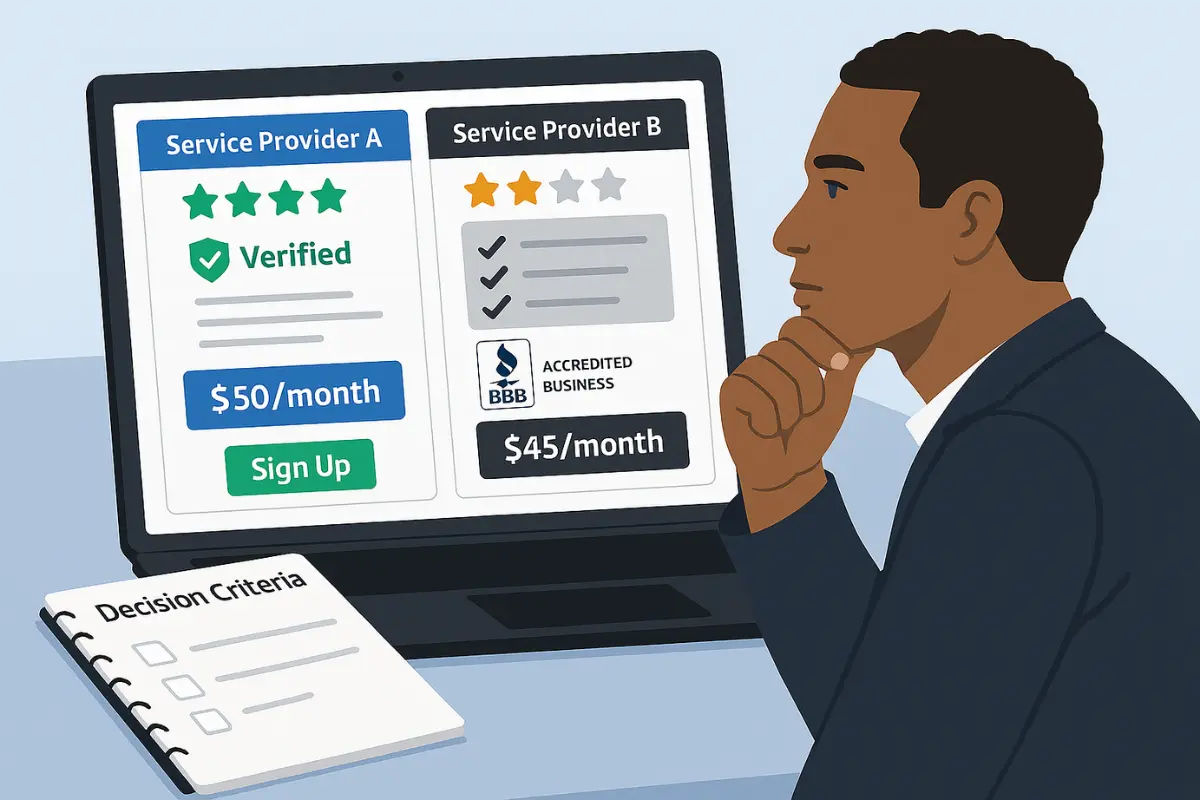 Entrepreneur evaluating registered agent service providers with pricing and ratings to choose best business compliance solution.