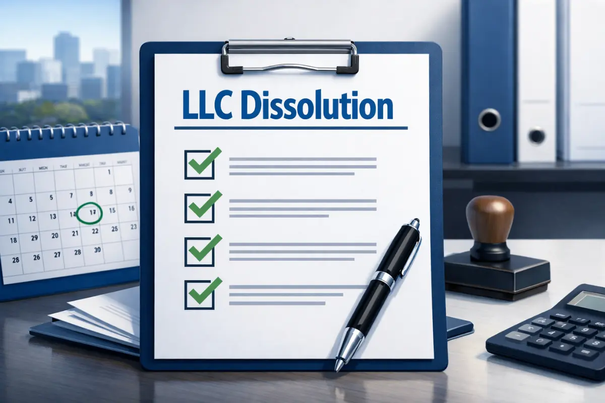 How to dissolve an LLC closure checklist on clipboard showing LLC termination requirements and steps for dissolving a limited liability company correctly.