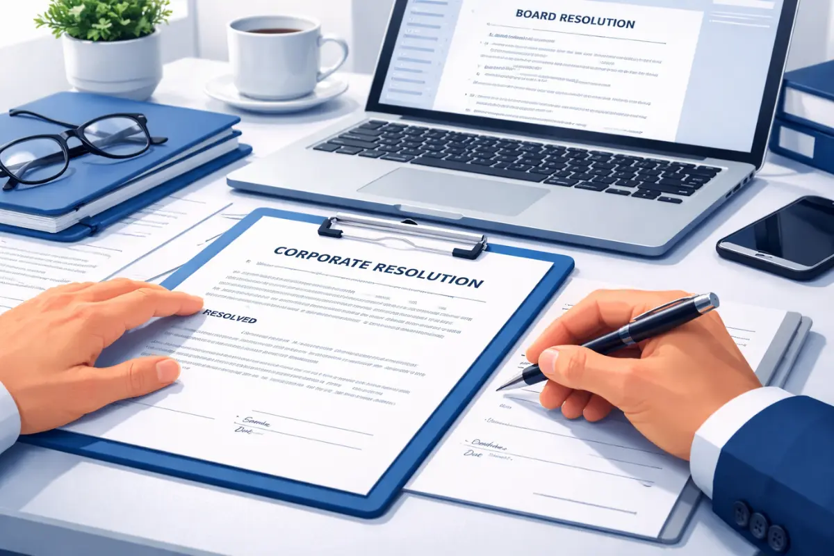 Corporate resolution document being signed alongside a board resolution on laptop screen showing how to draft a formal corporate approval document for business decision documentation