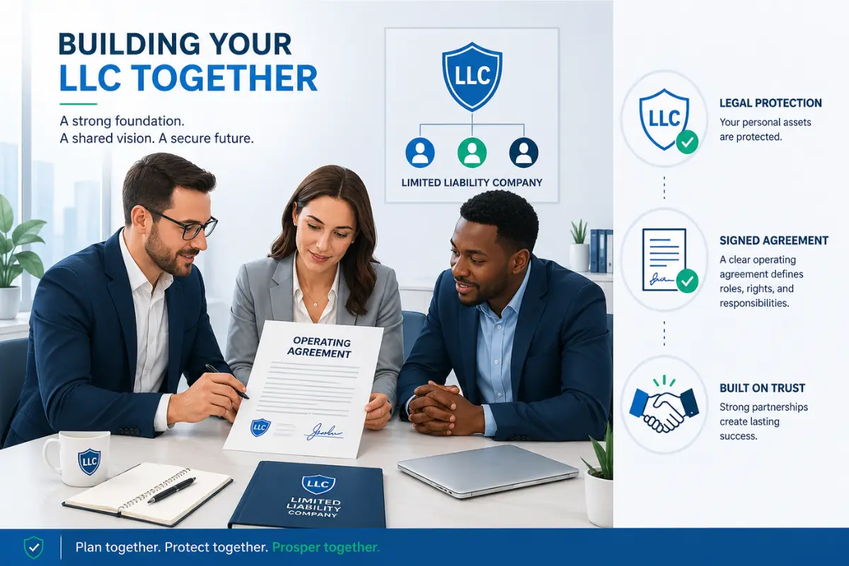 Three multi-member LLC partners signing an operating agreement together showing legal protection, signed agreement, and shared ownership structure for a limited liability company