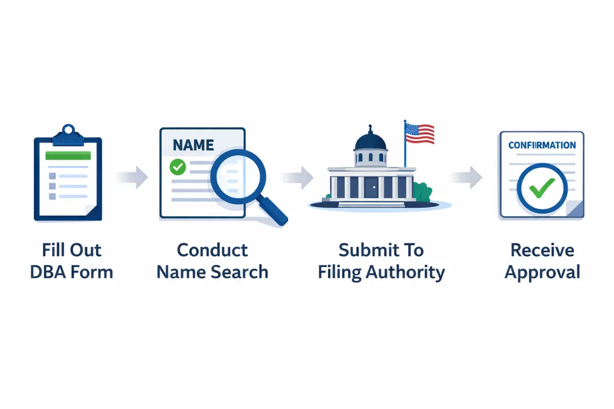 How to file a DBA name step by step process showing fill out form conduct name search submit to filing authority and receive approval for DBA registration.
