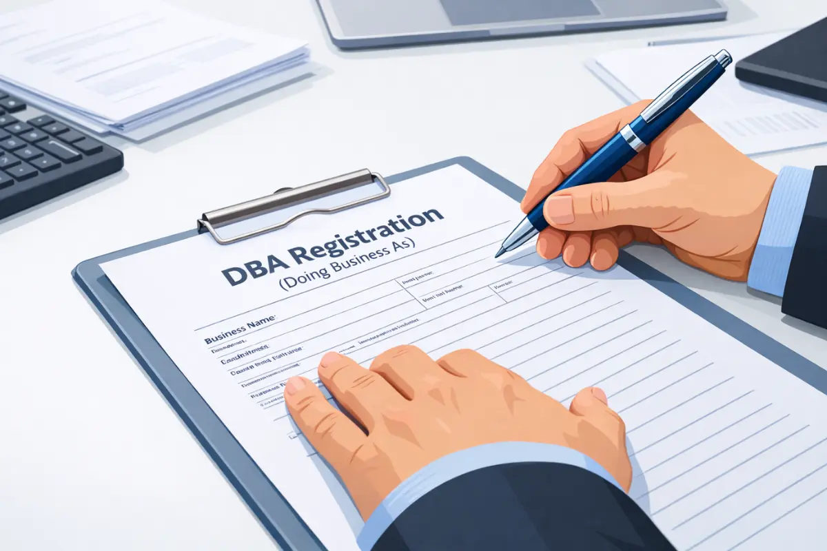 How to file a DBA registration form showing DBA filing process and doing business as name filing application with business information requirements.