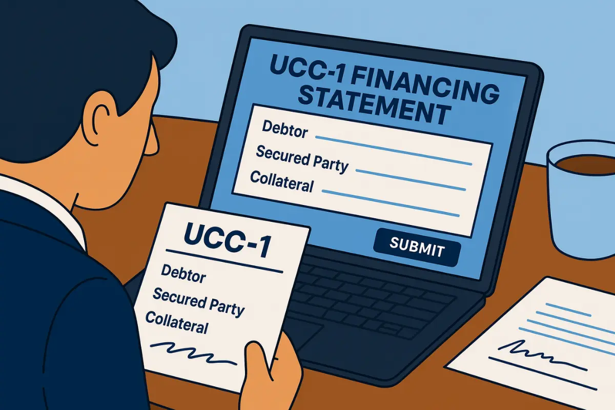 Lender completing UCC-1 financing statement form online showing debtor secured party and collateral information for filing with Secretary of State.