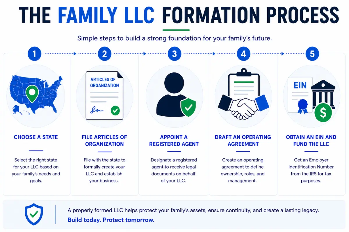 Step-by-step family LLC formation process infographic showing how to choose a state, file Articles of Organization, appoint a registered agent, draft an operating agreement, and obtain an EIN to protect family assets
