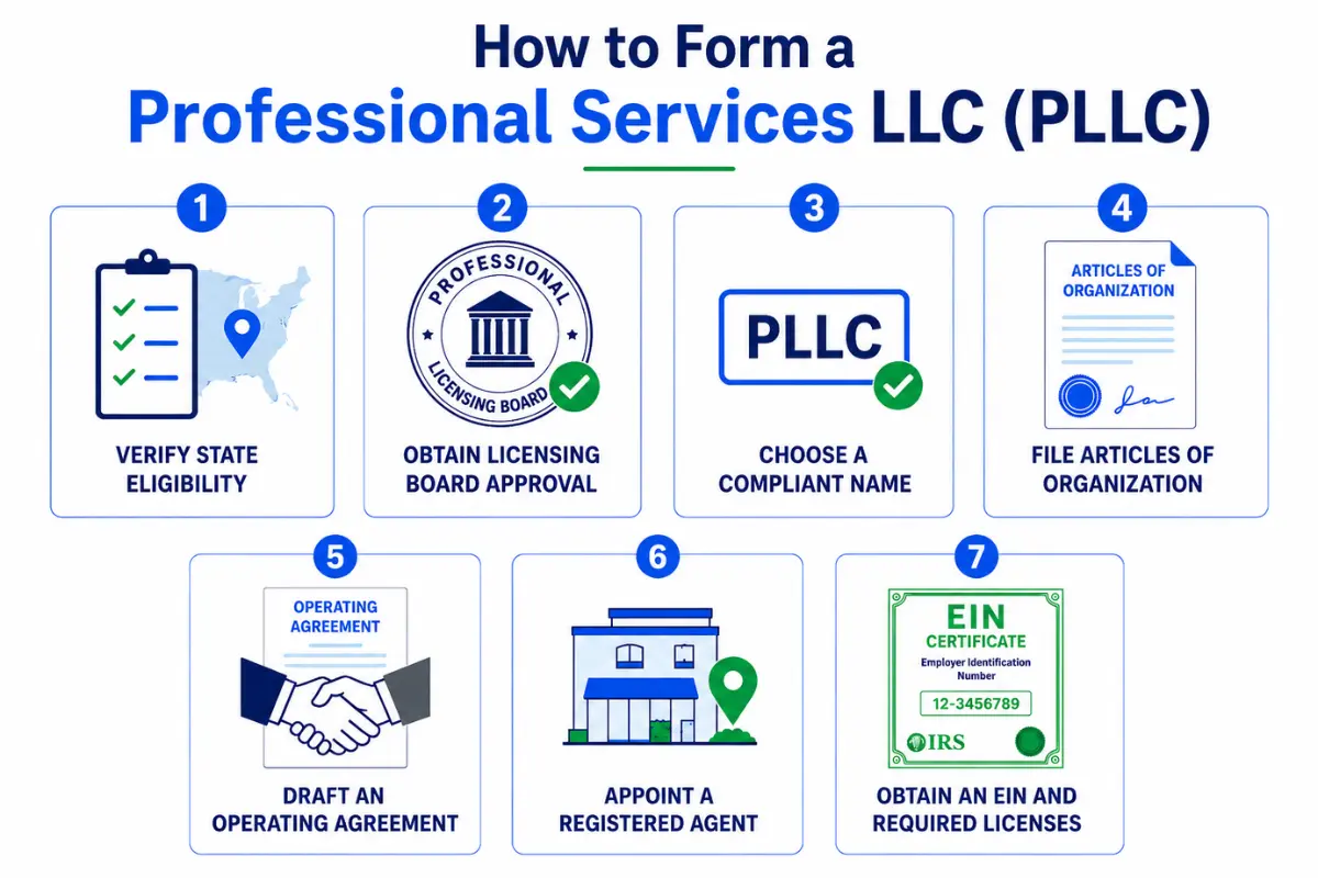 Step-by-step infographic showing how to form a professional services LLC including state eligibility, licensing board approval, PLLC name, Articles of Organization, operating agreement, registered agent, and EIN