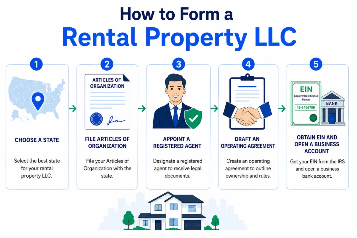 Step-by-step infographic showing how to form an LLC for rental property including choosing a state, filing Articles of Organization, appointing a registered agent, drafting an operating agreement, and obtaining an EIN