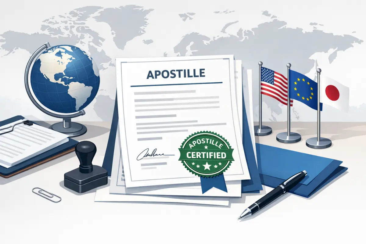 How to get an apostille certified document for international use showing apostille certificate with globe and country flags for federal vs state apostille authentication.