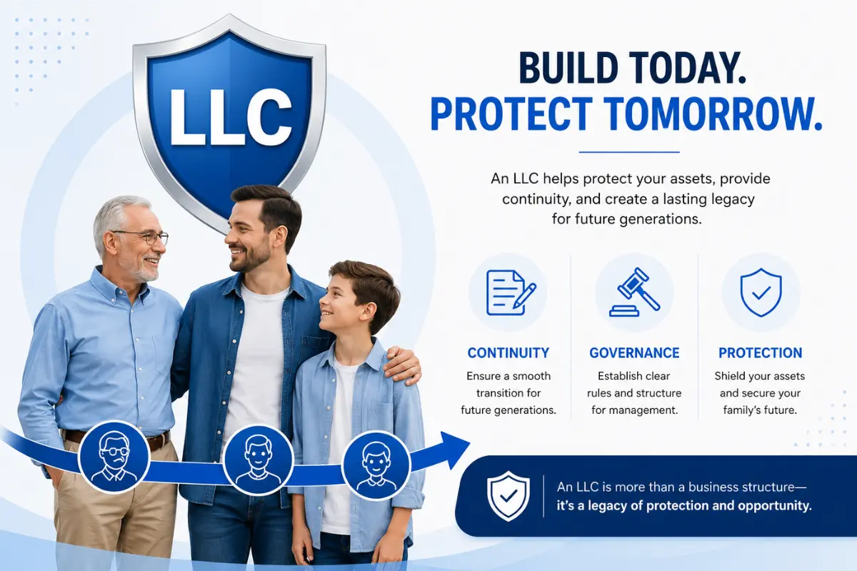 Three-generation family LLC succession planning infographic showing continuity, governance, and asset protection benefits for estate planning and future generations