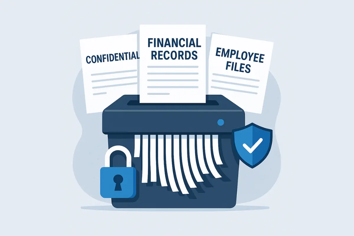Secure document destruction and shredding of confidential financial records and employee files following document retention guidelines for business compliance.