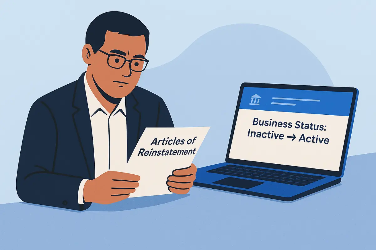 Business owner reviewing Articles of Reinstatement document with laptop showing business status changing from inactive to active after administrative dissolution.
