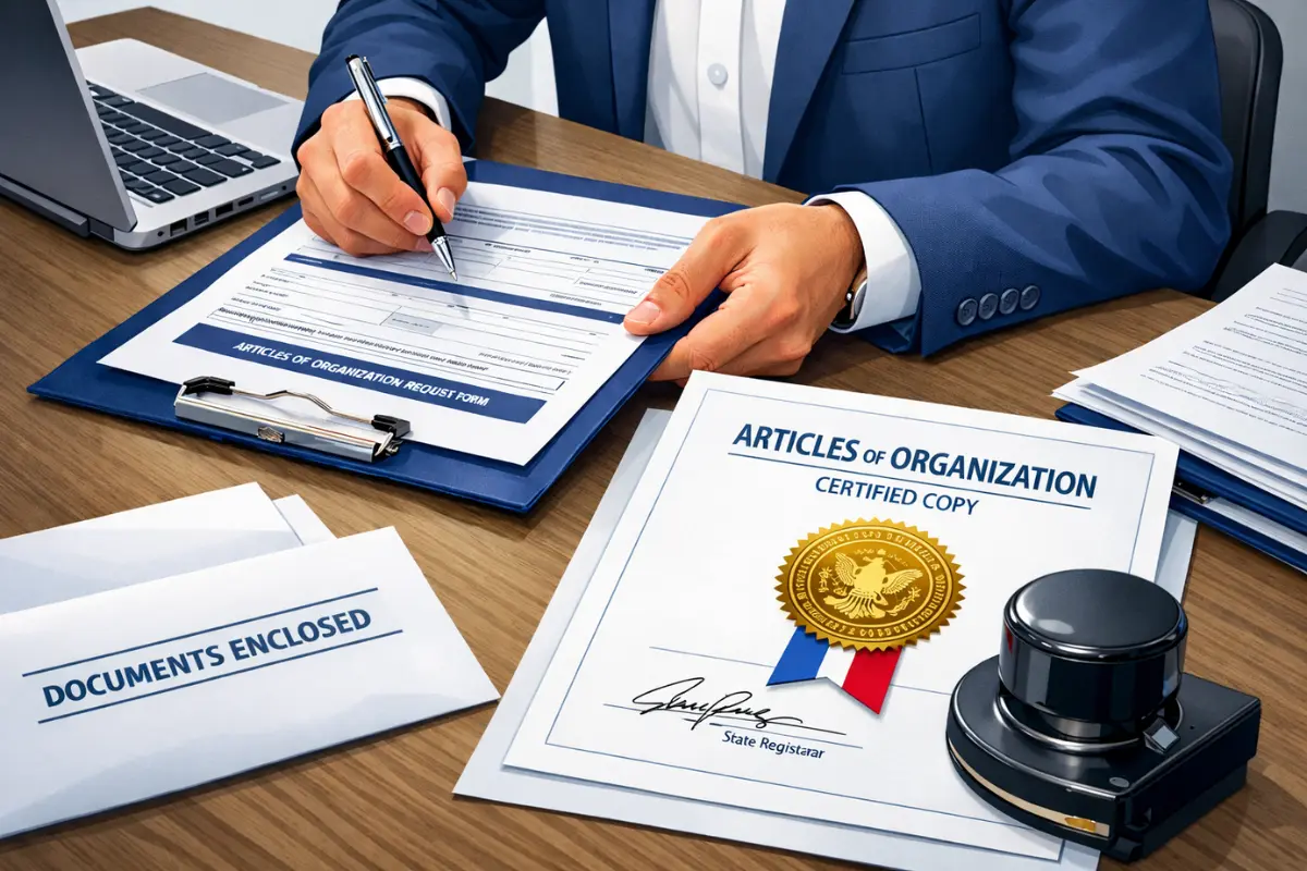 Business professional completing articles of organization request form to obtain a certified copy of LLC formation documents stamped and signed by state registrar