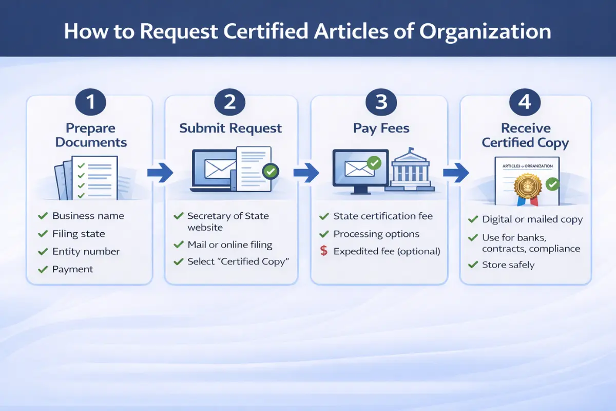 tep-by-step infographic showing how to request certified articles of organization including preparing documents, submitting to secretary of state, paying certification fees, and receiving certified copy