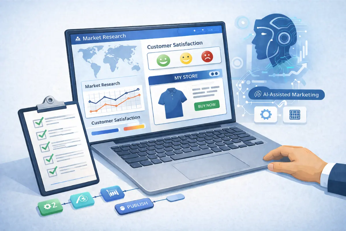 How to start an ecommerce business using market research, customer satisfaction tracking, and AI-assisted marketing tools to launch and publish an online store