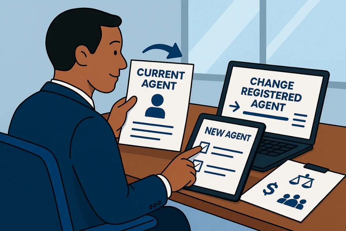 Business owner completing change registered agent process transitioning from current agent to new registered agent provider with required legal documentation.