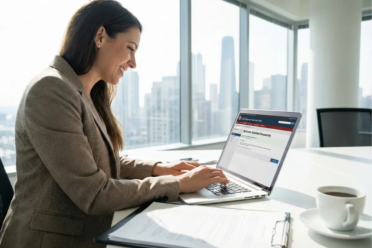 Business owner completing USPTO trademark filing process online following trademark application steps for brand name legal protection.