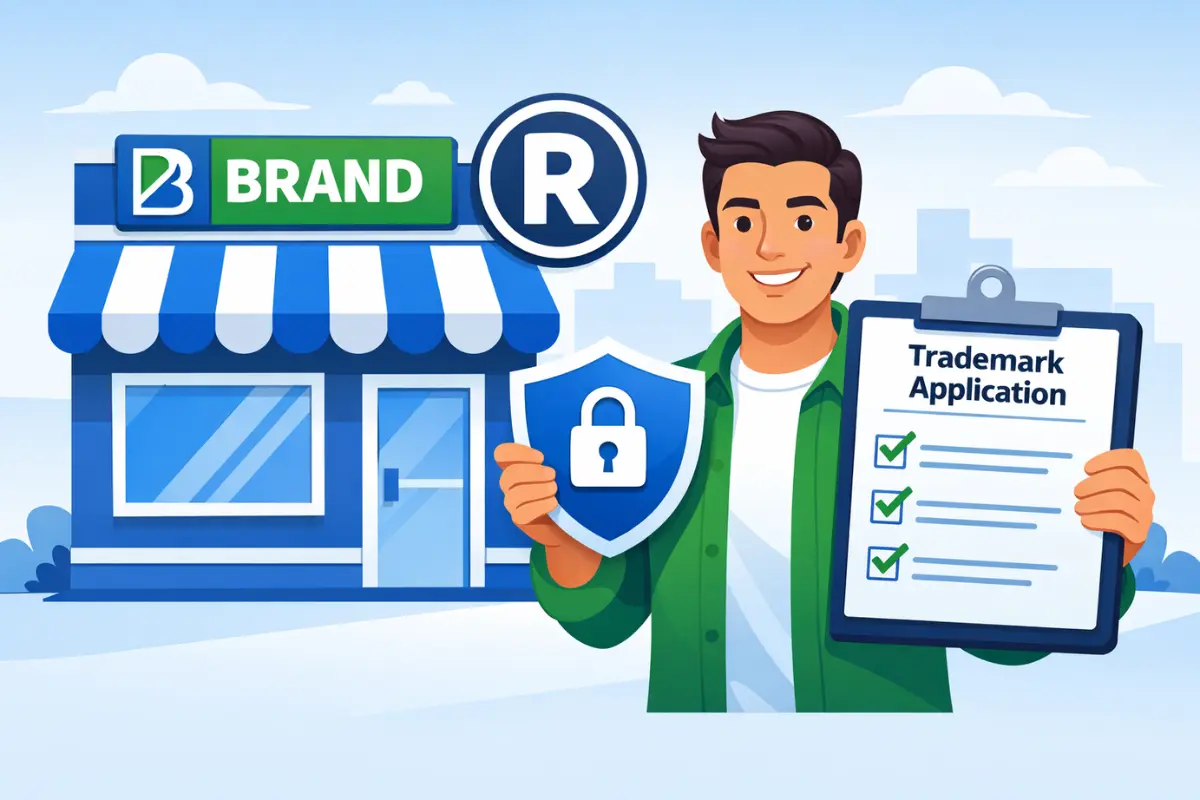 How to trademark a business name showing entrepreneur with trademark application checklist and registered brand protection for small business.