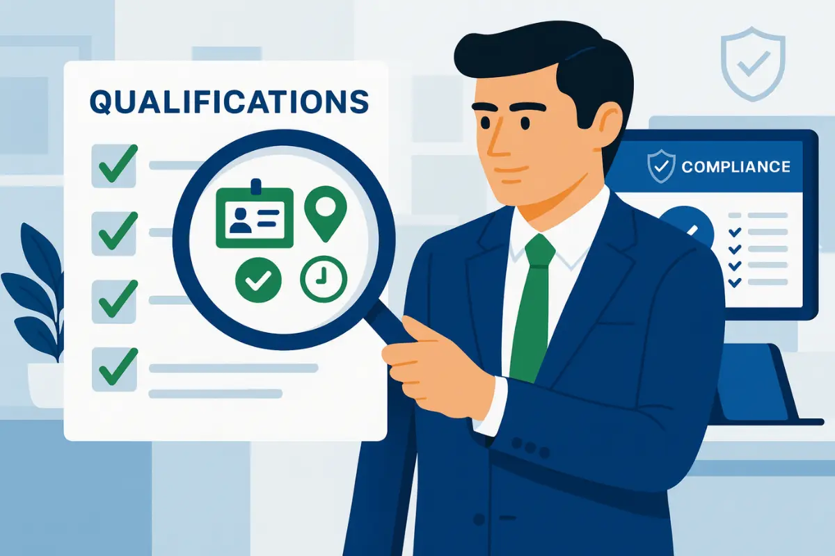 Business owner verifying registered agent qualifications with compliance checklist and state requirements.