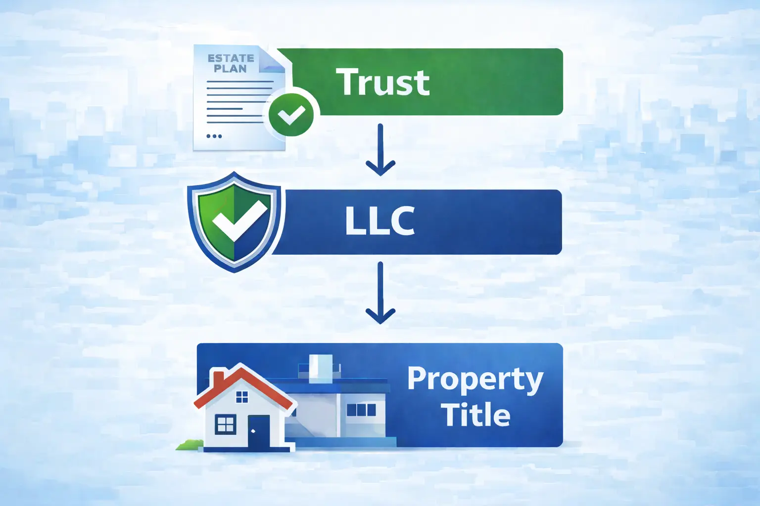 Hybrid ownership strategy infographic showing trust to LLC to property title structure for real estate asset protection and estate planning