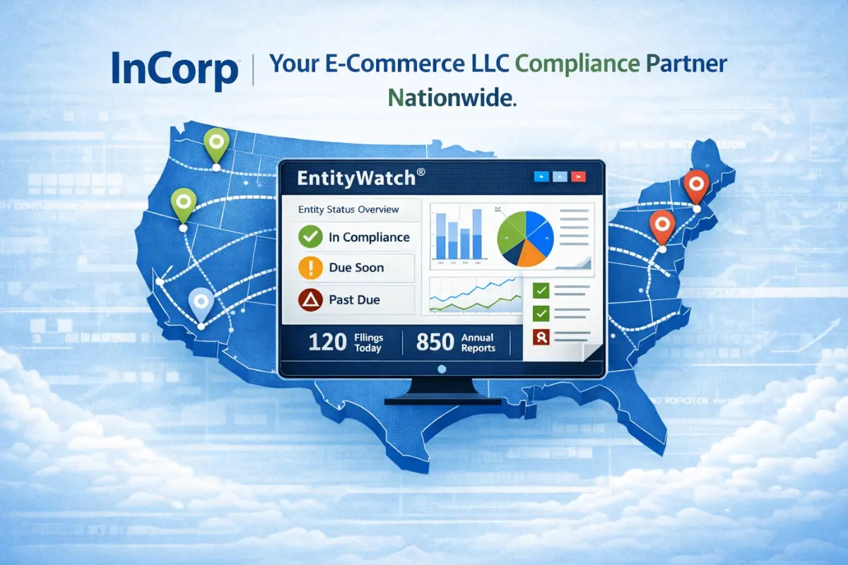 InCorp registered agent service dashboard showing EntityWatch compliance monitoring for e-commerce LLCs with entity status overview, filing deadlines, annual reports tracking, and nationwide coverage across all 50 states