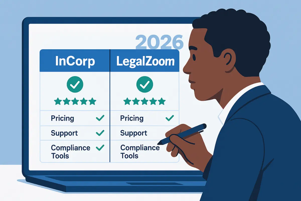 Business owner comparing InCorp vs LegalZoom 2026 reviews showing pricing support and compliance tools for LLC formation services.