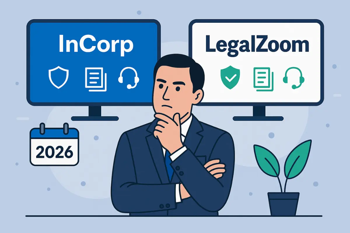 Professional evaluating InCorp versus LegalZoom registered agent services and customer support features for 2026 business formation.
