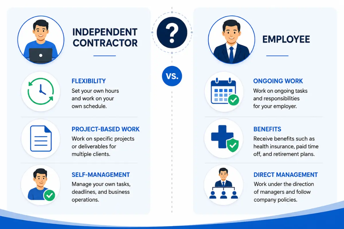 Independent contractor versus employee comparison infographic showing flexibility, project-based work, and self-management versus ongoing work, benefits, and direct management for LLC hiring decisions