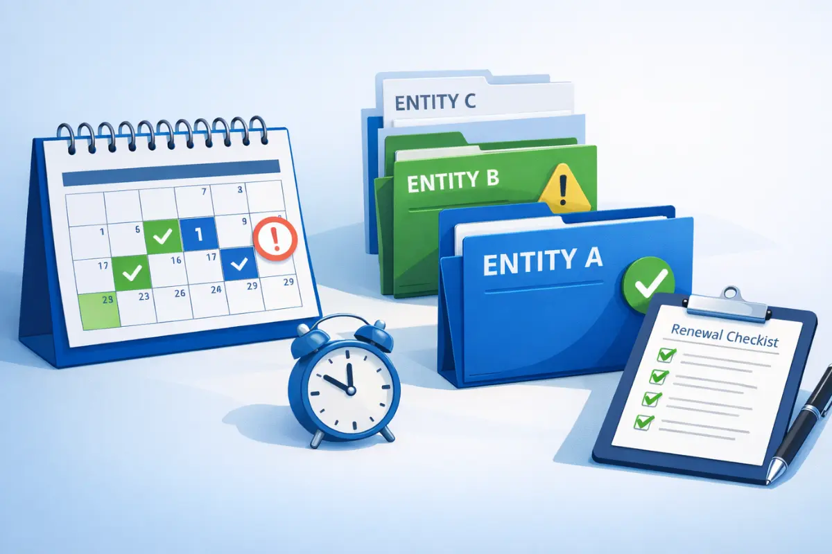 How to manage multiple LLC annual filings efficiently using entity renewal calendar with renewal reminders and multi-entity tracking system for business entity compliance.