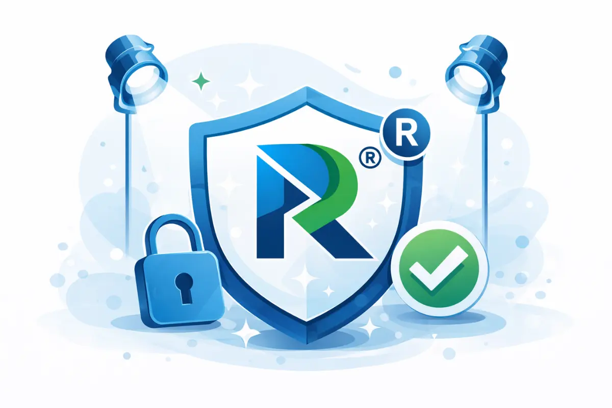 Key benefits of registering a trademark showing protected brand logo with registered trademark symbol and legal protection for different types of trademarks for businesses.