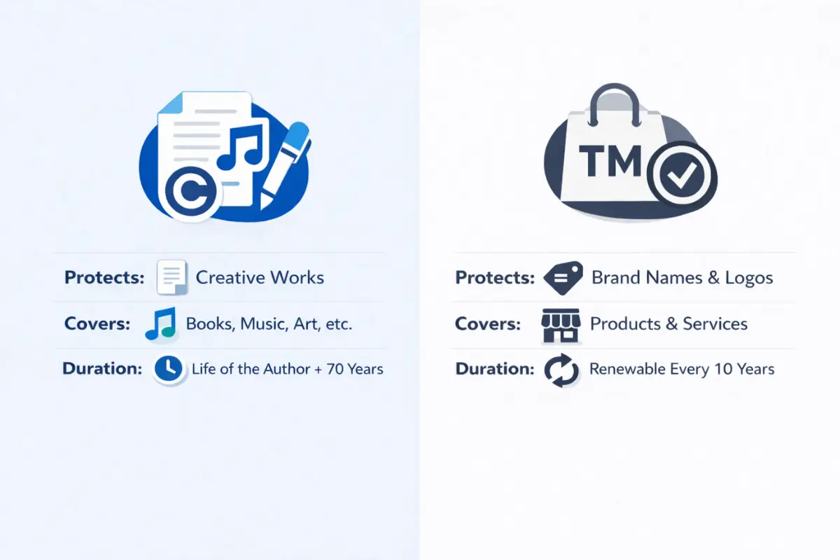 Key differences between copyright and trademark showing copyright protects creative works for life plus 70 years while trademarks protect brand names renewable every 10 years.