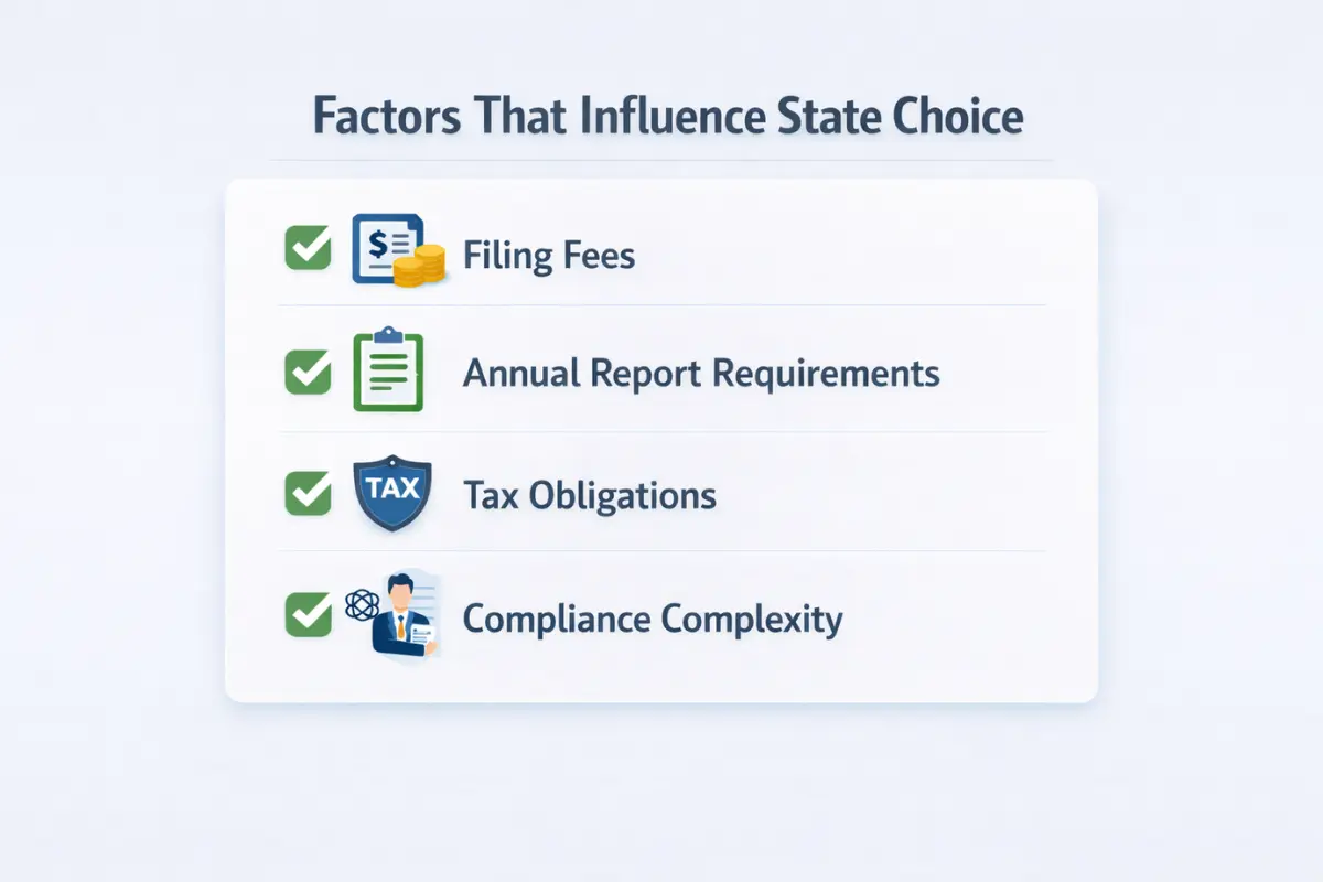 Key factors that influence which state is best for LLC for non-resident including filing fees annual report requirements tax obligations and compliance complexity.