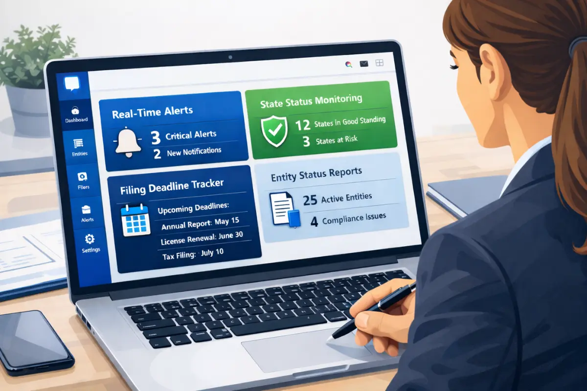 Key features of entity management system dashboard displaying compliance automation tools deadline tracker and real-time alerts for maintaining legal standing.