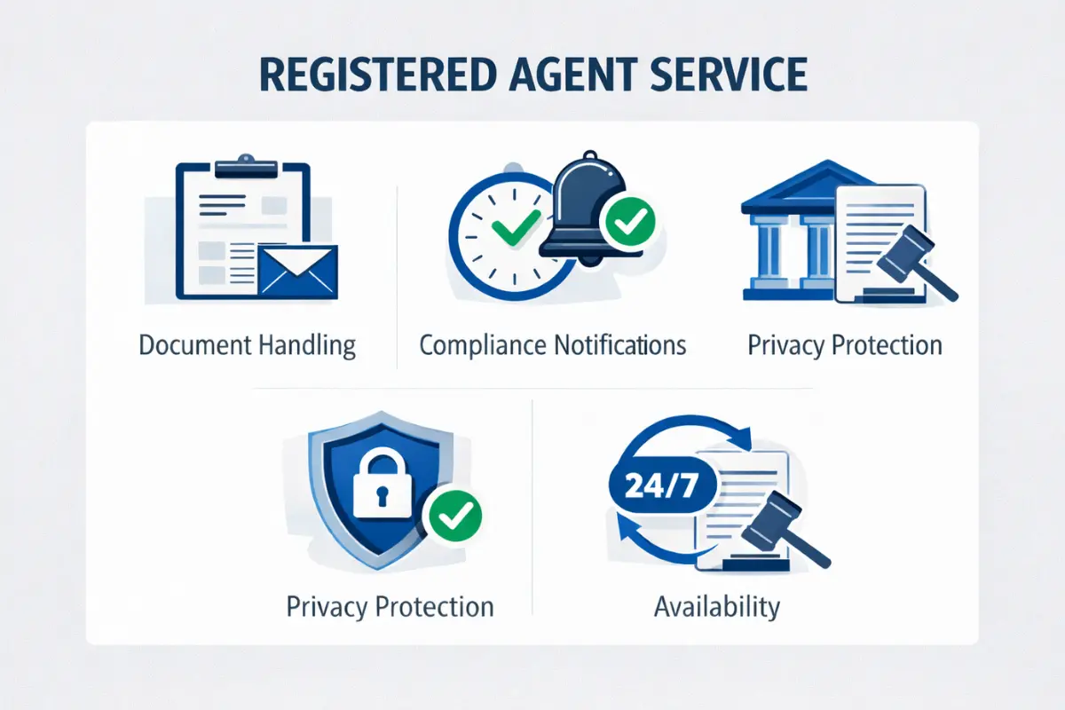 Key features of a professional registered agent service infographic showing document handling, compliance notifications, registered agent privacy protection, and 24/7 availability for LLC compliance