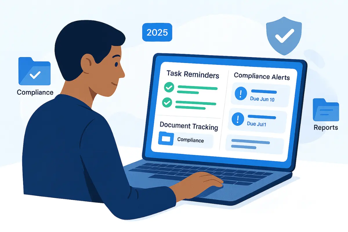 Business professional using compliance management software with automated task reminders, document tracking, and regulatory alerts for SMB compliance in 2025.