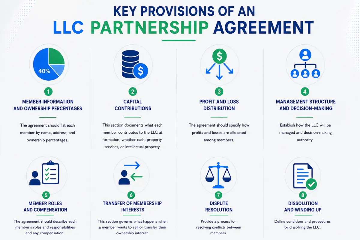 Key provisions of an LLC partnership agreement infographic covering member ownership percentages, capital contributions, profit and loss distribution, management structure, member roles, membership interest transfer, dispute resolution, and dissolution