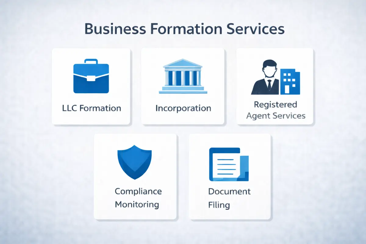 Business formation services infographic showing key offerings including LLC formation, incorporation, registered agent services, compliance monitoring, and document filing for startups
