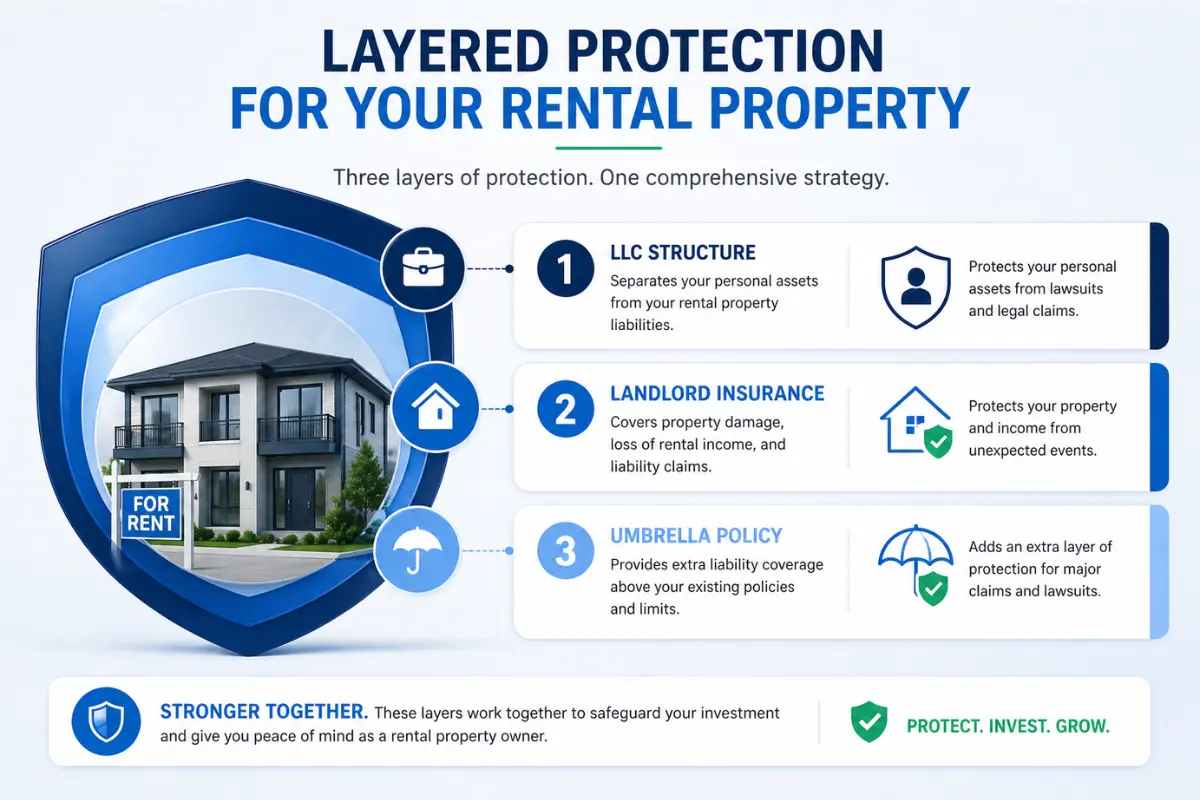 
						Layered protection strategy for rental property LLC showing LLC structure, landlord insurance, and umbrella policy to separate personal assets from rental property liabilities