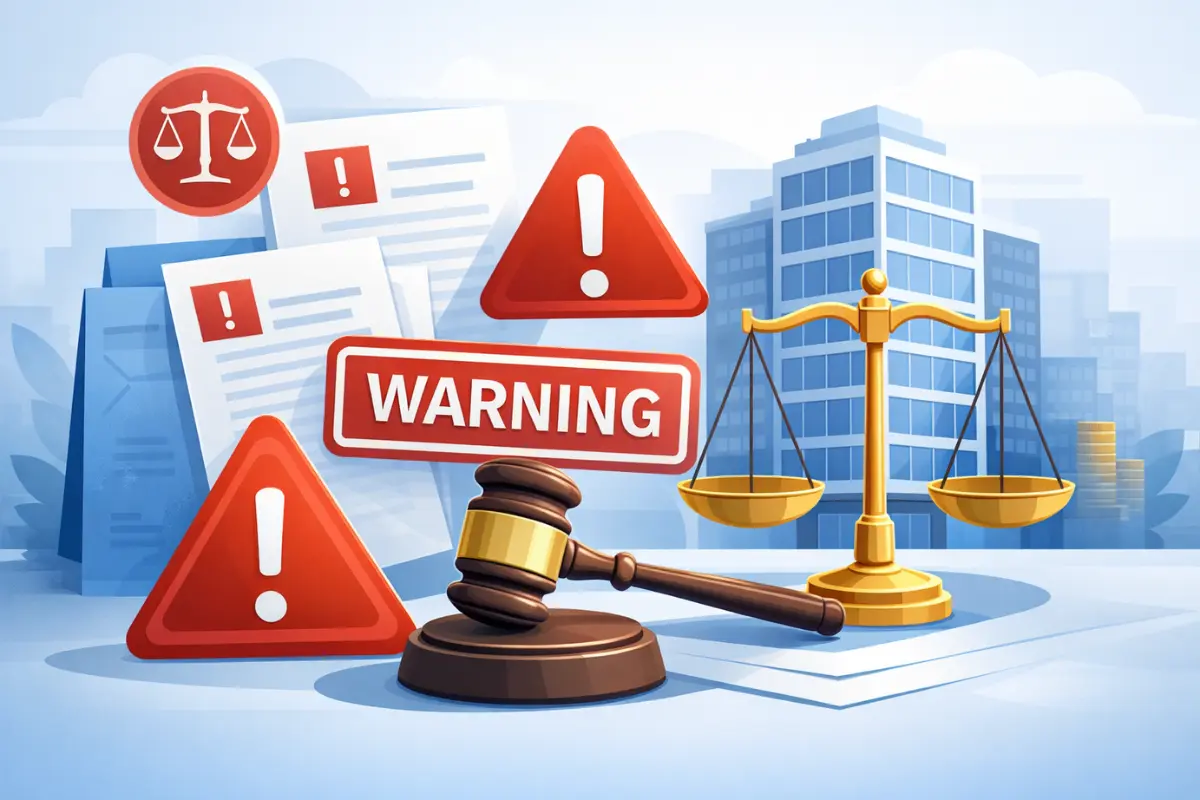 Legal risks of not updating business records showing warning signs, gavel, scales of justice for missed annual compliance and corporate filing deadlines.