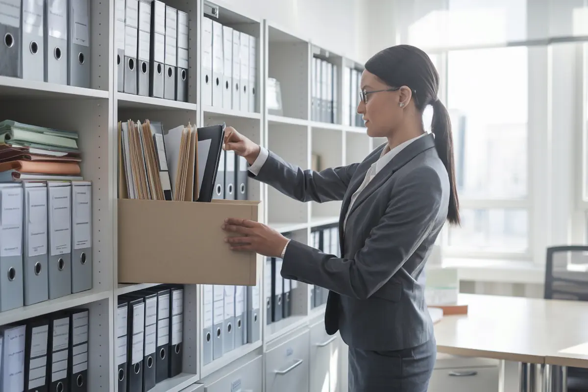 Professional businesswoman organizing legal documents in office filing system with structured binders and folders for business compliance.